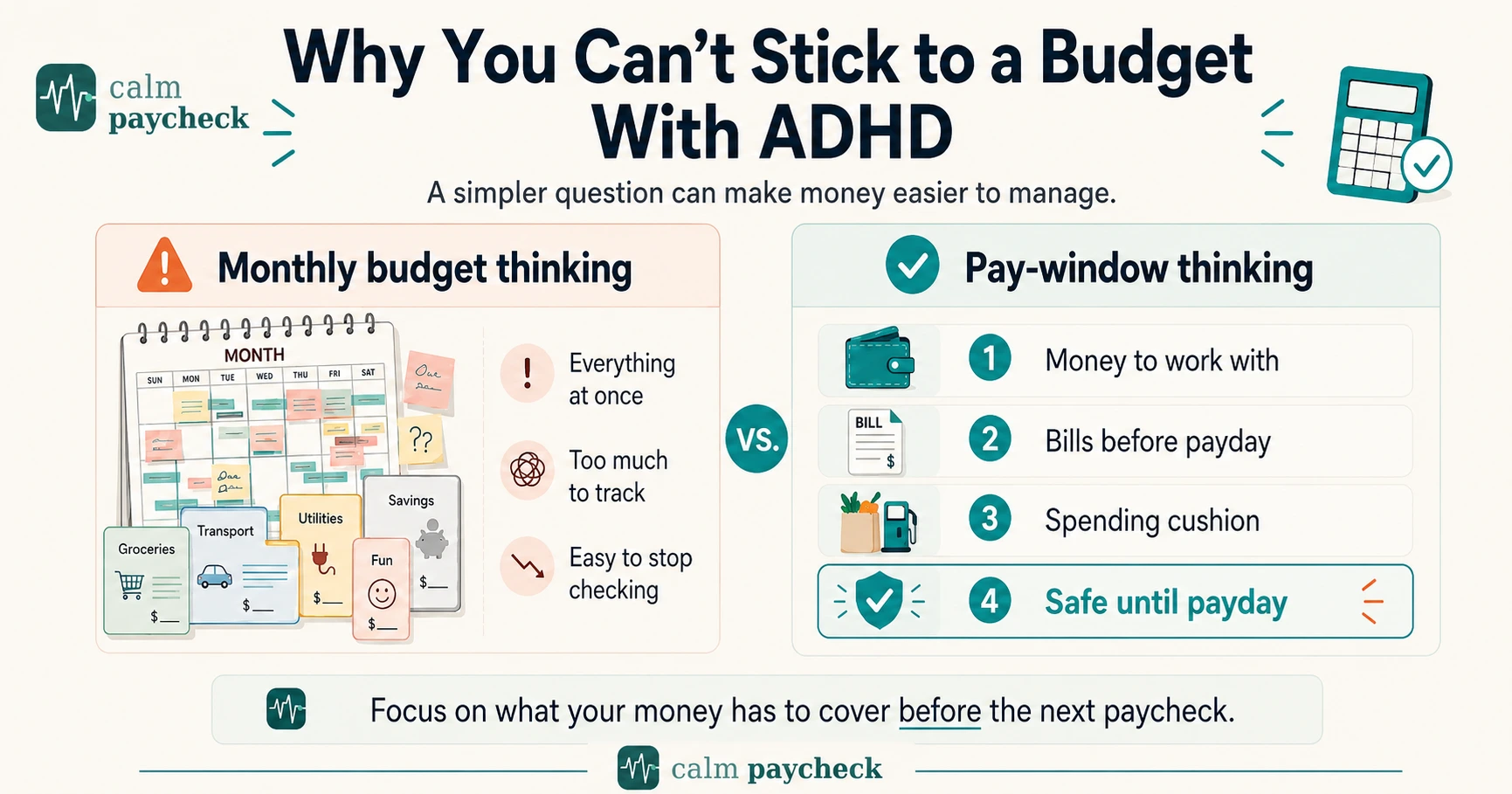 Comparison graphic showing monthly budget thinking versus pay-window thinking for ADHD money management, highlighting that focusing on money to work with, bills before payday, spending cushion, and safe until payday is simpler.