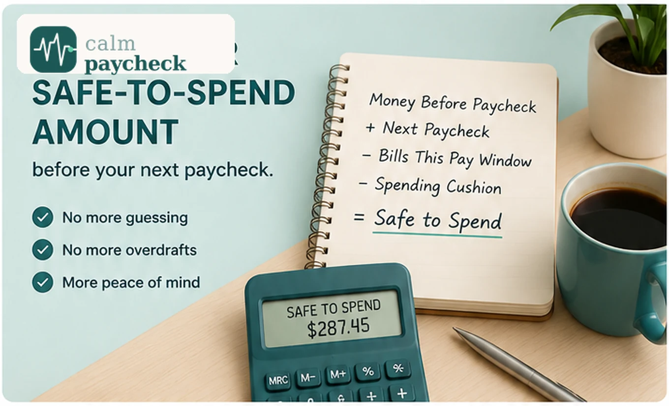CalmPaycheck infographic showing how to calculate what you can spend before your next paycheck by starting with available money and subtracting bills before payday and a spending cushion.