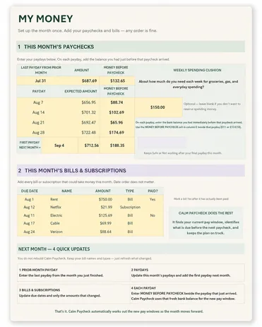 CalmPaycheck My Money screen with paydays, Money Before Paycheck, weekly spending cushion, bills and next-month update instructions