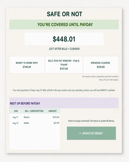 CalmPaycheck Safe or Not dashboard with pay-window totals and upcoming bills before payday