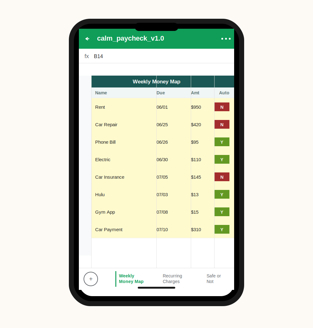 CalmPaycheck ADHD budget spreadsheet viewed on mobile phone in Google Sheets app, showing color-coded bill tracker