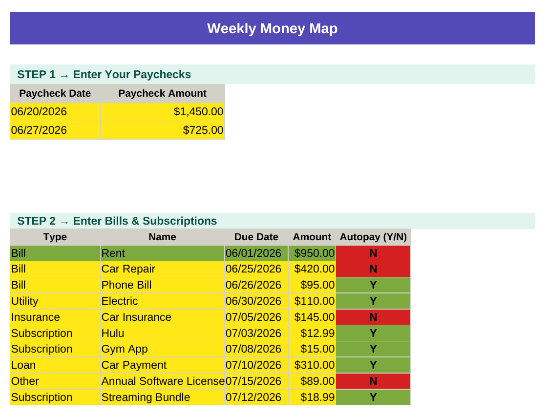 Weekly Money Map tab in CalmPaycheck ADHD budget spreadsheet for Google Sheets, showing bills color-coded red and green by autopay status